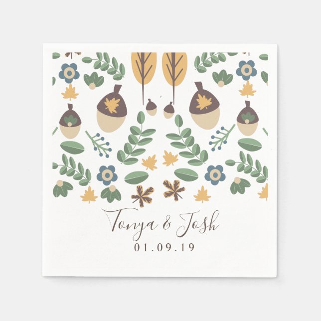 Fall Theme Acorns Greenery Autumn Pattern Napkin (Front)