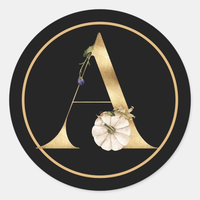 FALL THEME GOLD MONOGRAM A WITH PUMPKINS  CLASSIC ROUND STICKER (Front)