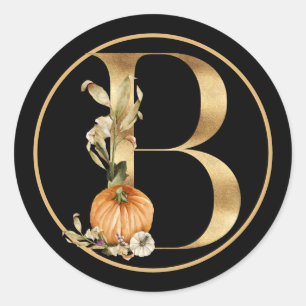 FALL THEME GOLD MONOGRAM B WITH PUMPKINS  CLASSIC ROUND STICKER