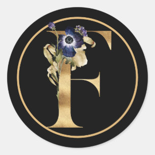FALL THEME GOLD MONOGRAM F WITH FLORAL ARRANGEMENT CLASSIC ROUND STICKER