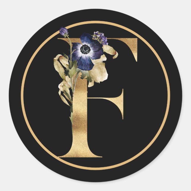 FALL THEME GOLD MONOGRAM F WITH FLORAL ARRANGEMENT CLASSIC ROUND STICKER (Front)