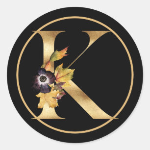 FALL THEME GOLD MONOGRAM K WITH FLORAL ARRANGEMENT CLASSIC ROUND STICKER