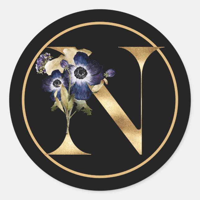 FALL THEME GOLD MONOGRAM N WITH FLORAL ARRANGEMENT CLASSIC ROUND STICKER (Front)