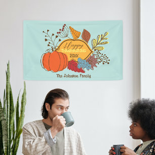 Fall-Themed Leaves Berries Pumpkin Thanksgiving Banner