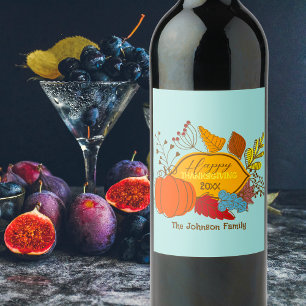 Fall-Themed Leaves Berries Pumpkin Thanksgiving Wine Label