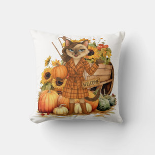 Fall themed with pumpkin for Cat lovers Cushion