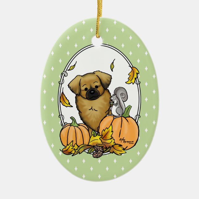 Fall Tibetan Spaniel (Brown) Dog Pumpkins Cute Ceramic Tree Decoration (Front)
