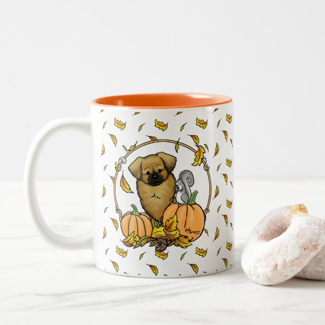 Fall Tibetan Spaniel (Brown) Dog Pumpkins Cute Two-Tone Coffee Mug (With Donut)