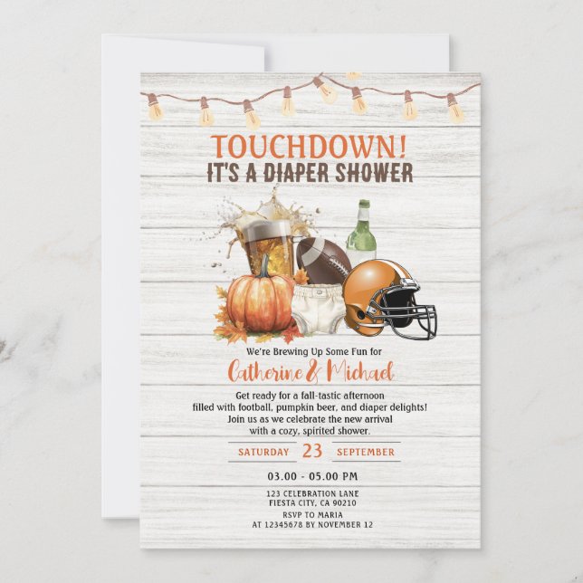 Fall Touchdown it's a diaper Baby shower Beer Wood Invitation (Front)
