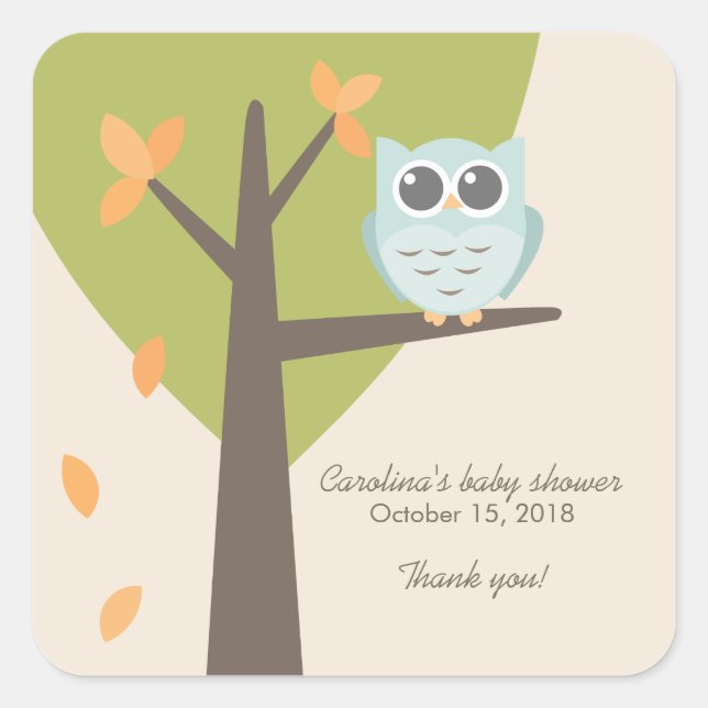 Fall Tree Branch Blue Owl Baby Shower Favour Square Sticker (Front)