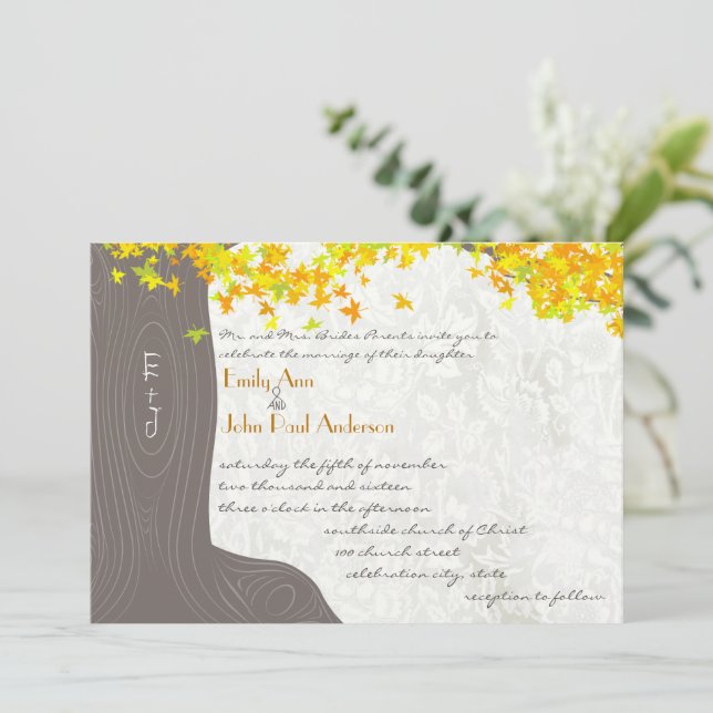 Fall Tree Initials In Trunk Yellow Orange Leaves Invitation (Standing Front)