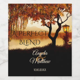 Fall Tree Lake View Wedding Wine Label