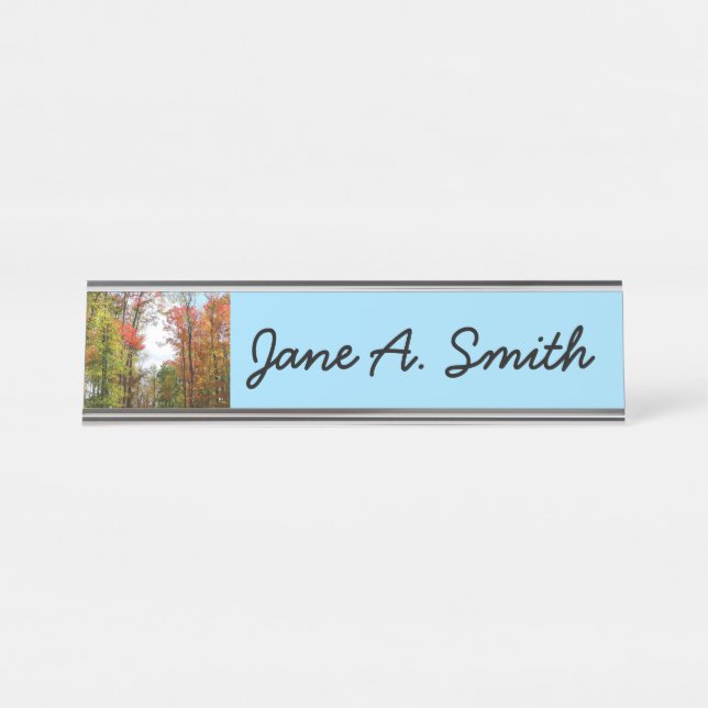 Fall Trees and Blue Sky Autumn Nature Photography Desk Name Plate (Front)