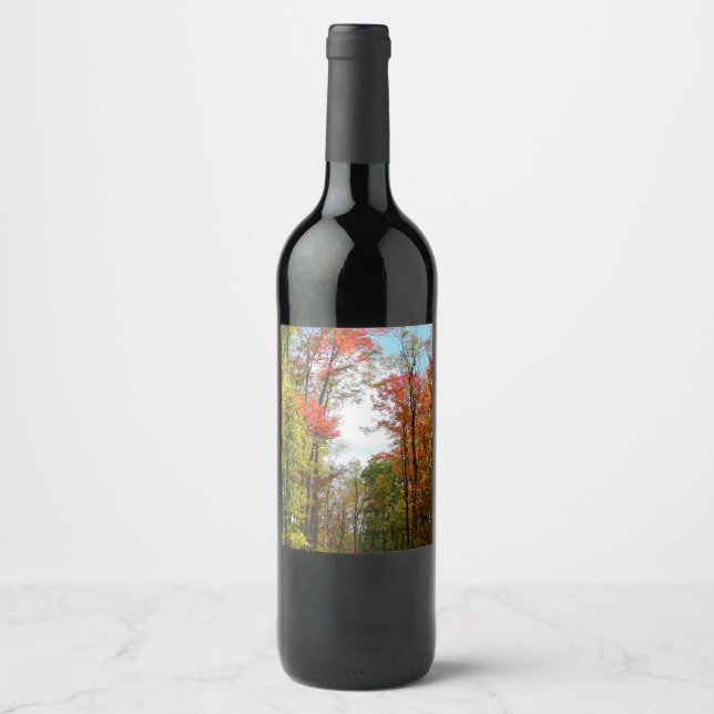 Fall Trees and Blue Sky Autumn Nature Photography Wine Label (Front)