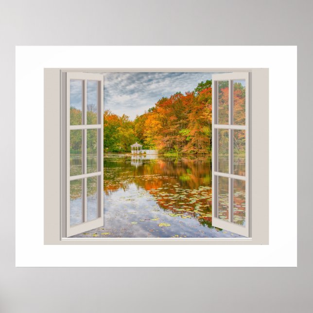  Fall trees and Pond viewed through an open window Poster (Front)