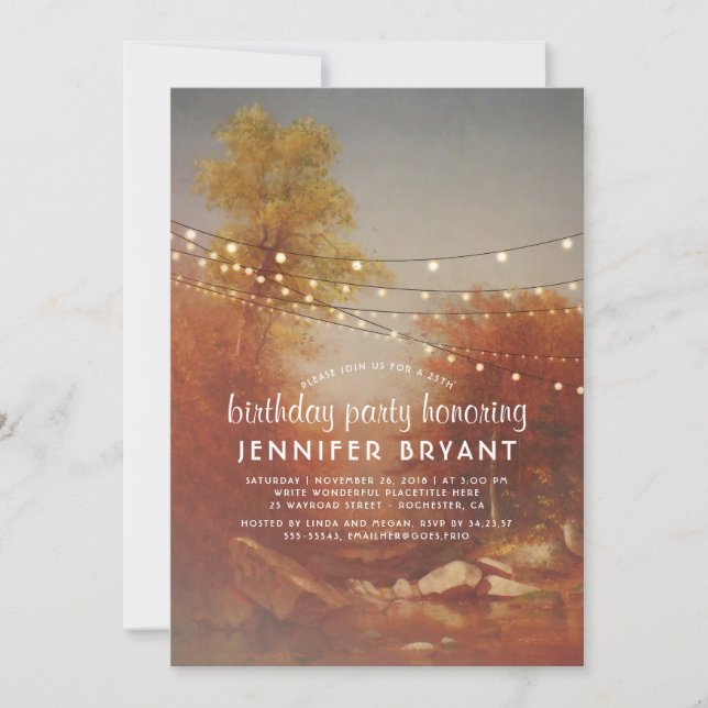 Fall Trees and String Lights  Birthday Party Invitation (Front)
