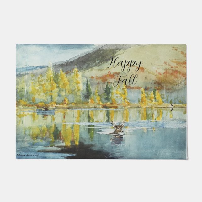 Fall trees and swimming elk with customisable text doormat (Front)