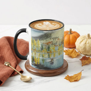 Fall trees and swimming elk with customisable text mug