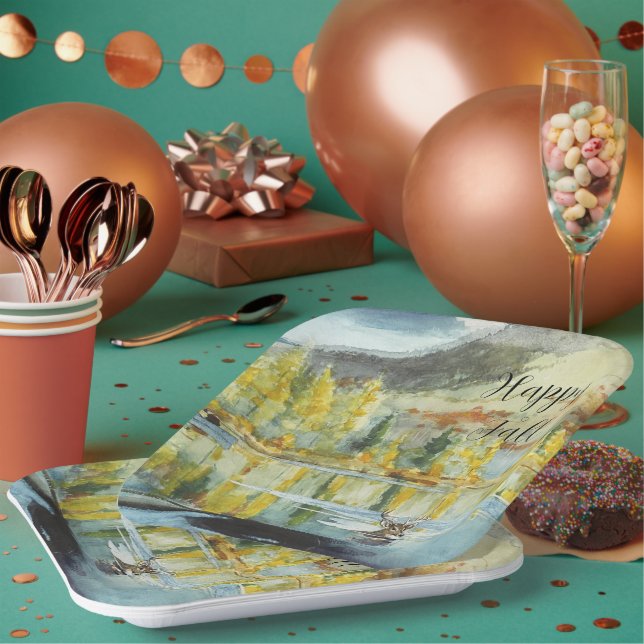 Fall trees and swimming elk with customisable text paper plate (Multi)