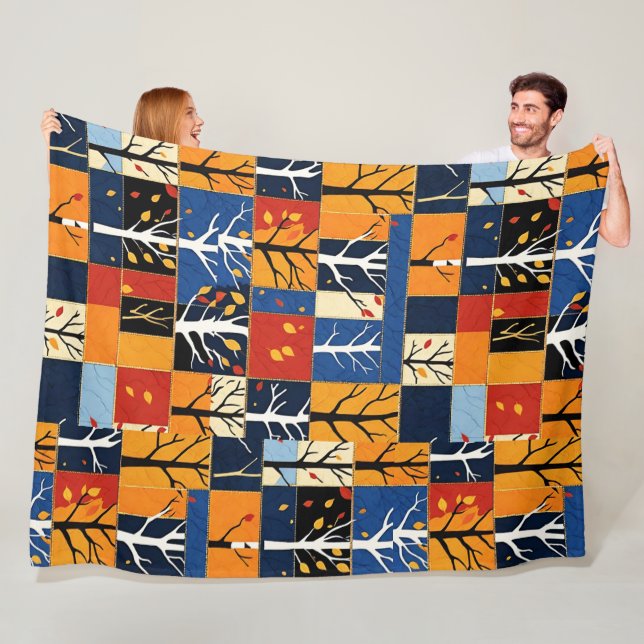 Fall Trees Autumn Leaves Colours Patchwork Pattern Fleece Blanket (In Situ)
