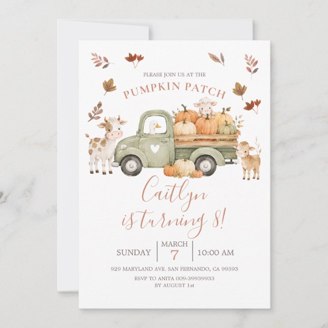 Fall Truck Pumpkin Patch Birthday Party Invitation (Front)