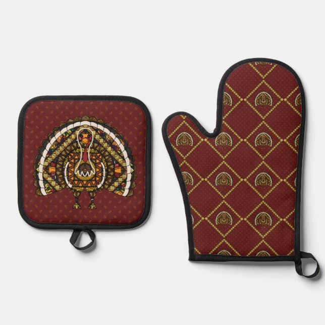 Fall Turkey Oven Mitt & Pot Holder Set (Front)