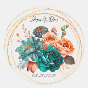 Fall Turquoise and Terracotta Peony Gold Wedding Classic Round Sticker