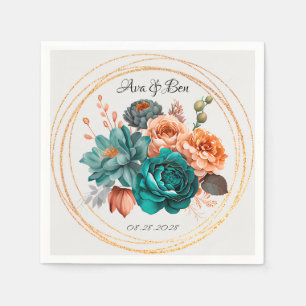 Fall Turquoise and Terracotta Peony Gold Wedding Napkin