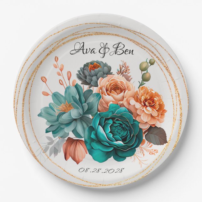 Fall Turquoise and Terracotta Peony Gold Wedding Paper Plate (Front)