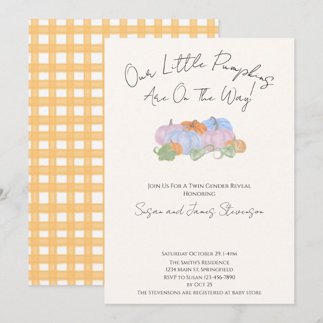 Fall Twin Gender Reveal Little Pumpkin Theme  Invitation (Front/Back)