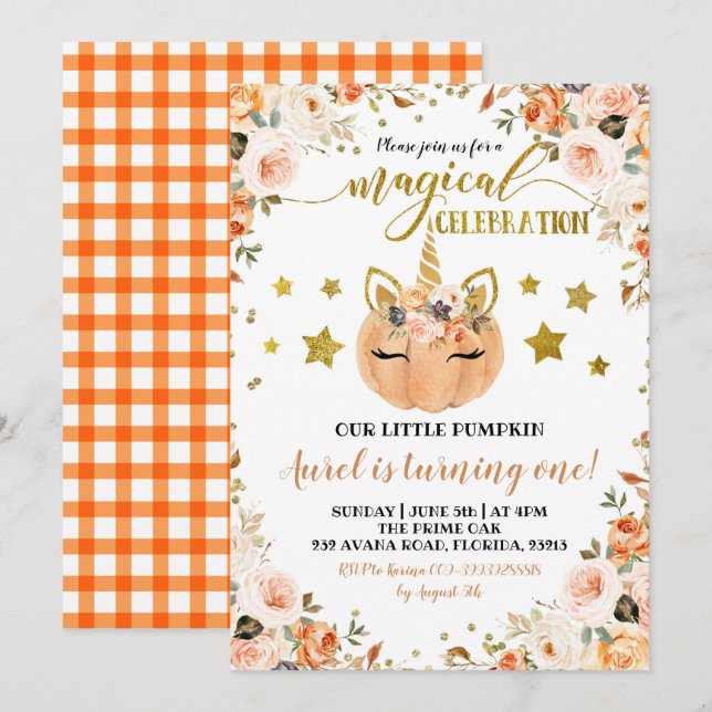 Fall Unicorn Pumpkin Girl Birthday Invitation (Front/Back)