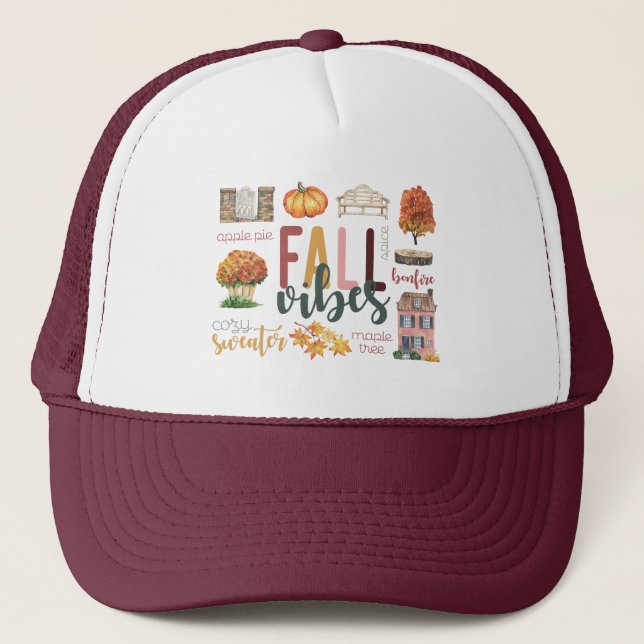 Fall Vibes Autumn Favourites Rustic Watercolor Trucker Hat (Front)