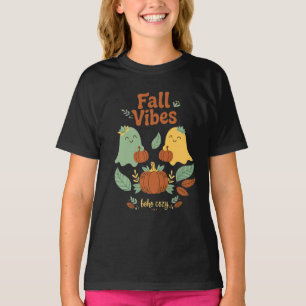 Fall Vibes Boho Ghosts Pumpkins Leaves Cosy Autumn T-Shirt