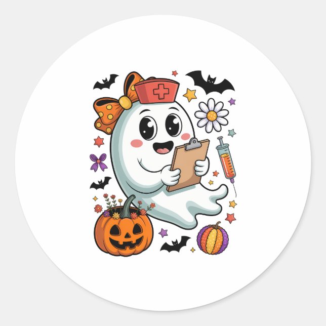 Fall Vibes Ghost Nurse Autumn Classic Round Sticker (Front)