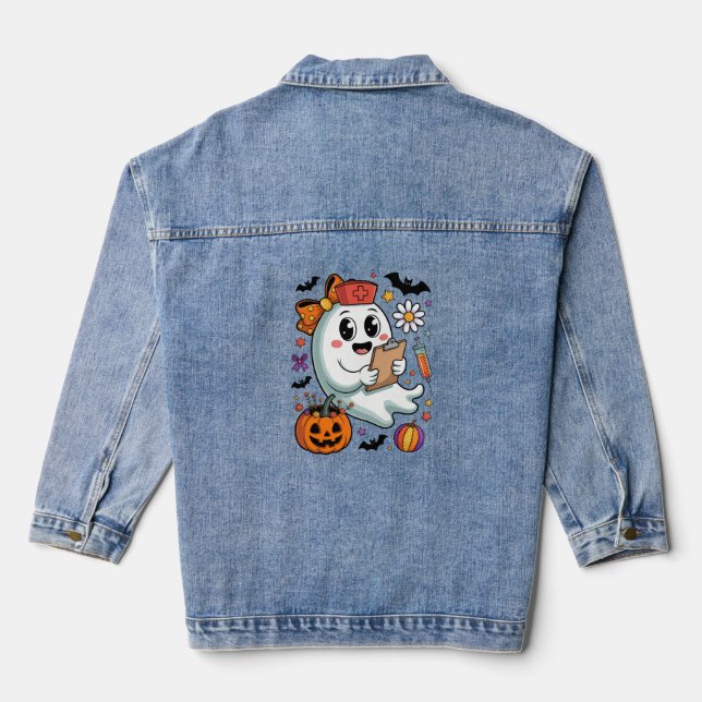 Fall Vibes Ghost Nurse Autumn Denim Jacket (Back)