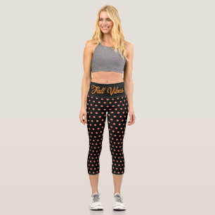 fall vibes, orange black polka dots ,autumn capri leggings