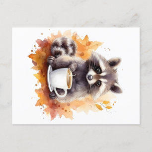 Fall vibes Racoon with cup of coffee Postcard
