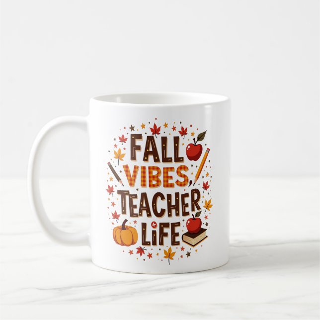 Fall Vibes Teacher Life – Retro Cute Personalised Coffee Mug (Left)