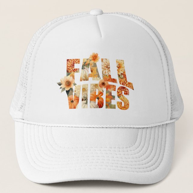 Fall vibes watercolor wildflowers leaves autumn trucker hat (Front)
