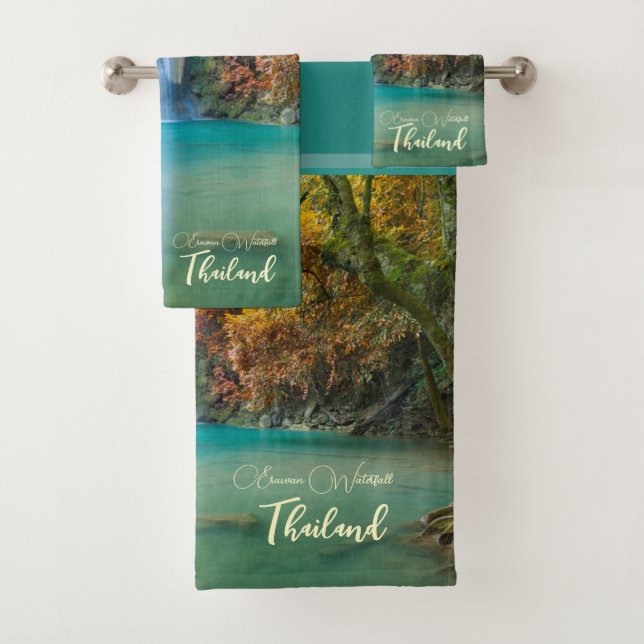 Fall View of Erawan Waterfall Thailand Bath Towel Set (Insitu)