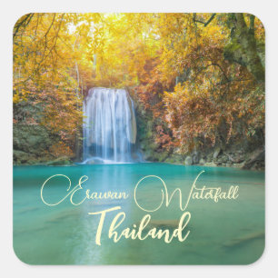 Fall View of Erawan Waterfall Thailand     Square Sticker