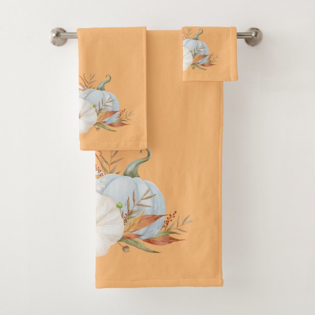 Fall Vignette Of Pumpkins & Leaves Bath Towel Set (Insitu)
