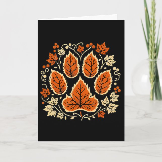 Fall Vine Leaf Dog Paw Print Autumn Maple Leaf Tha Card (Front)