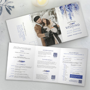 Fall vines blue grey watercolor wedding all-in-one Tri-Fold invitation