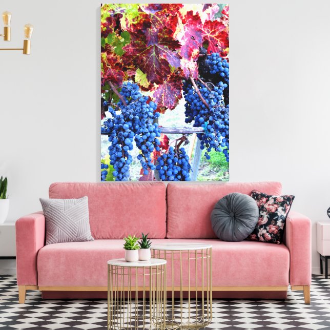 Fall Vineyard Blue Grapes Red Leaves Photograph Canvas Print (Insitu(LivingRoom))