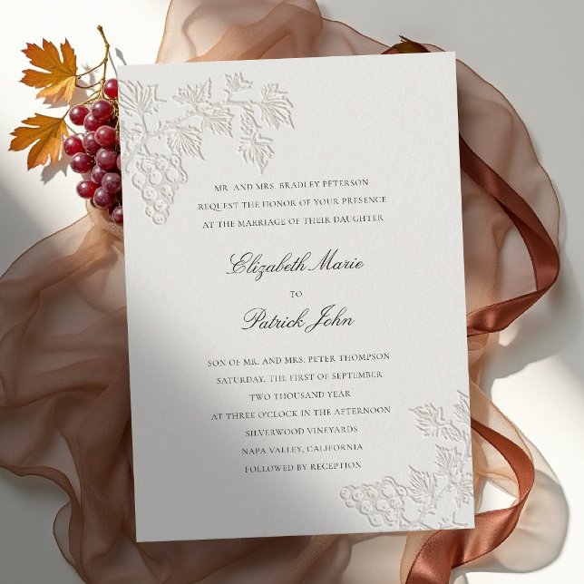 Fall Vineyard Modern Classic Winery Ecru Wedding Invitation (fall vineyard wedding invitation grapevine winery formal modern classic black tie ecru faux embossed)