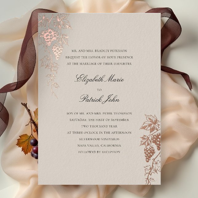 Fall Vineyard Winery Modern Classic Wheat Wedding (fall vineyard wedding invitation winery grapevine formal modern classic black tie foil wheat beige)