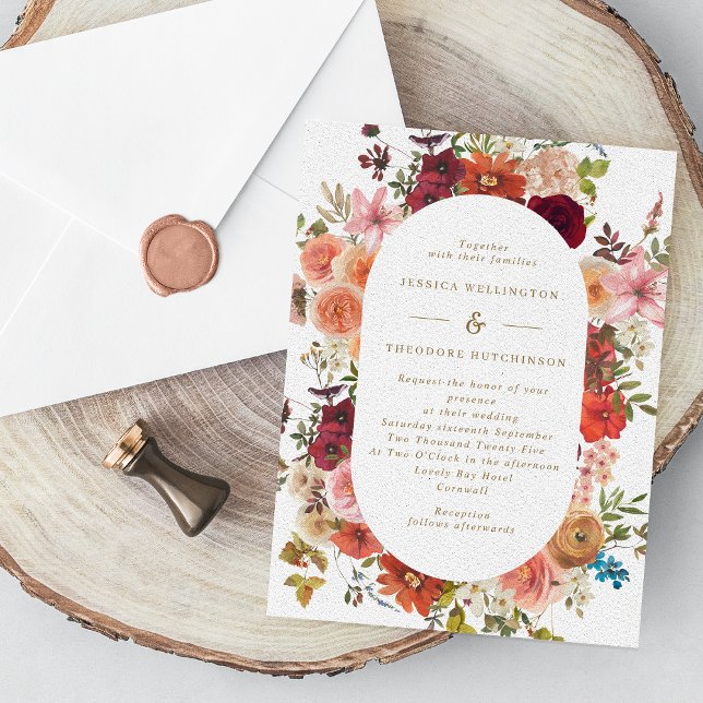 Fall Vintage Floral Frame Burgundy Wedding Invitation (Creator Uploaded)