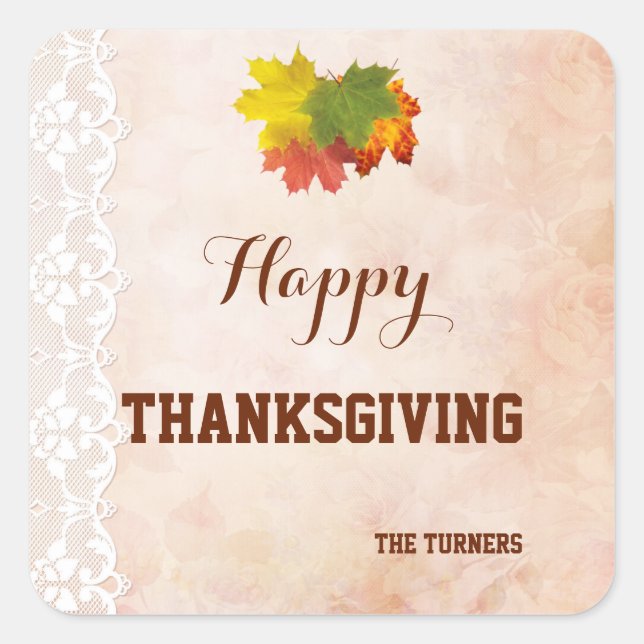 Fall Vintage Lace Happy Thanksgiving Monogram Square Sticker (Front)