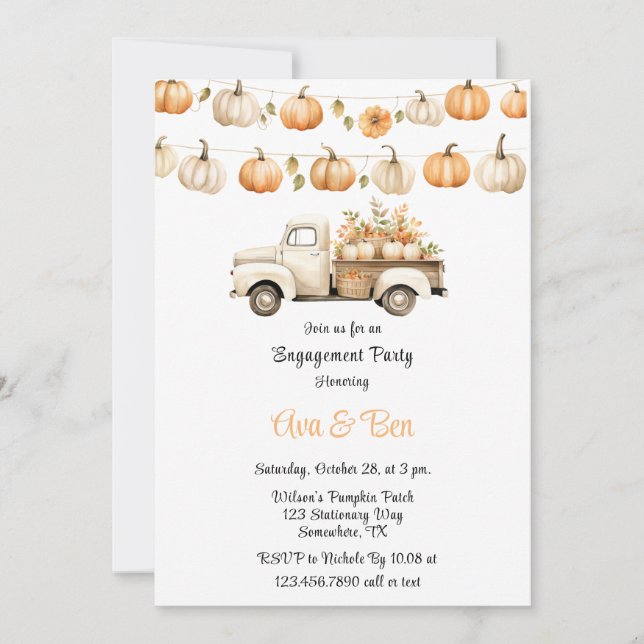 Fall Vintage Truck with Pumpkins Engagement Party Invitation (Front)